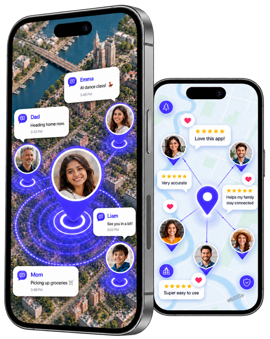 Findly app showing real-time family location tracking on map